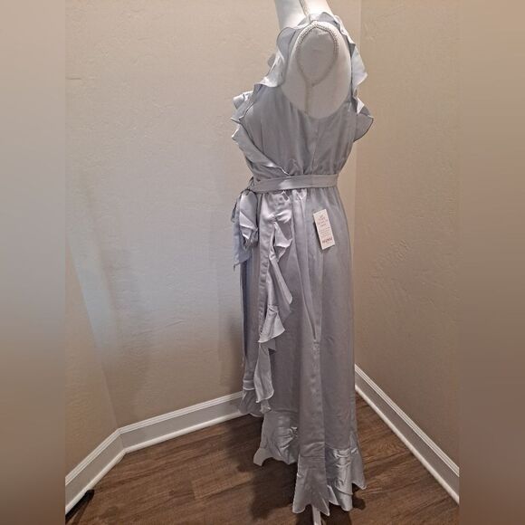 Show Me Your Mumu Samatha Ruffle Wrap Satin Dress Silver Luxe Satin Medium - Picture 2 of 6